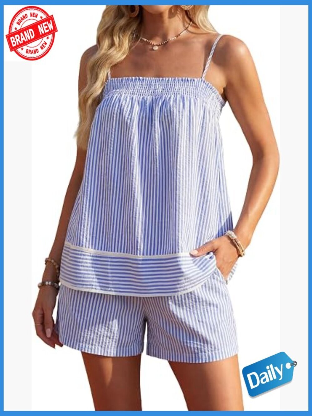 Women Two Piece Lounge Set Striped Camisole Shorts Summer Outfit with Pockets